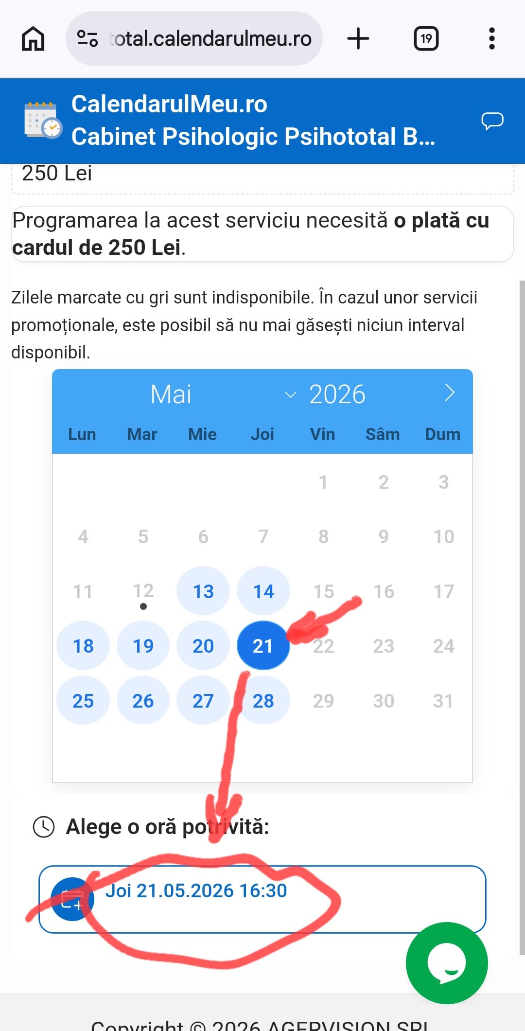 Secțiunea de sub calendar unde sunt afișate intervalele orare disponibile, cu o săgeată care indică selectarea orei dorite pentru ședință.
