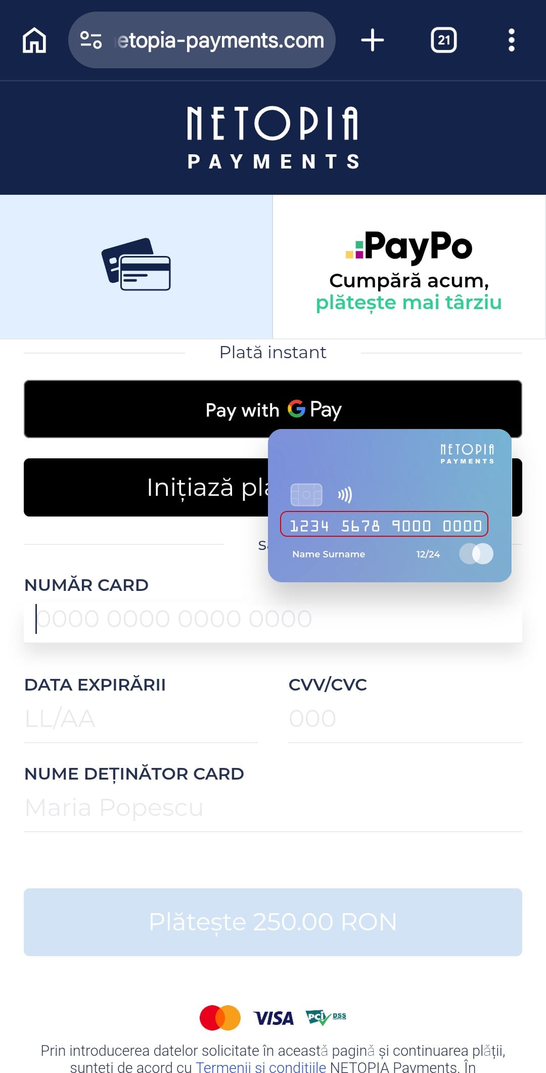 Secțiunea de finalizare a plății, ilustrând modul de introducere a datelor de pe cardul bancar și butonul de confirmare a tranzacției.