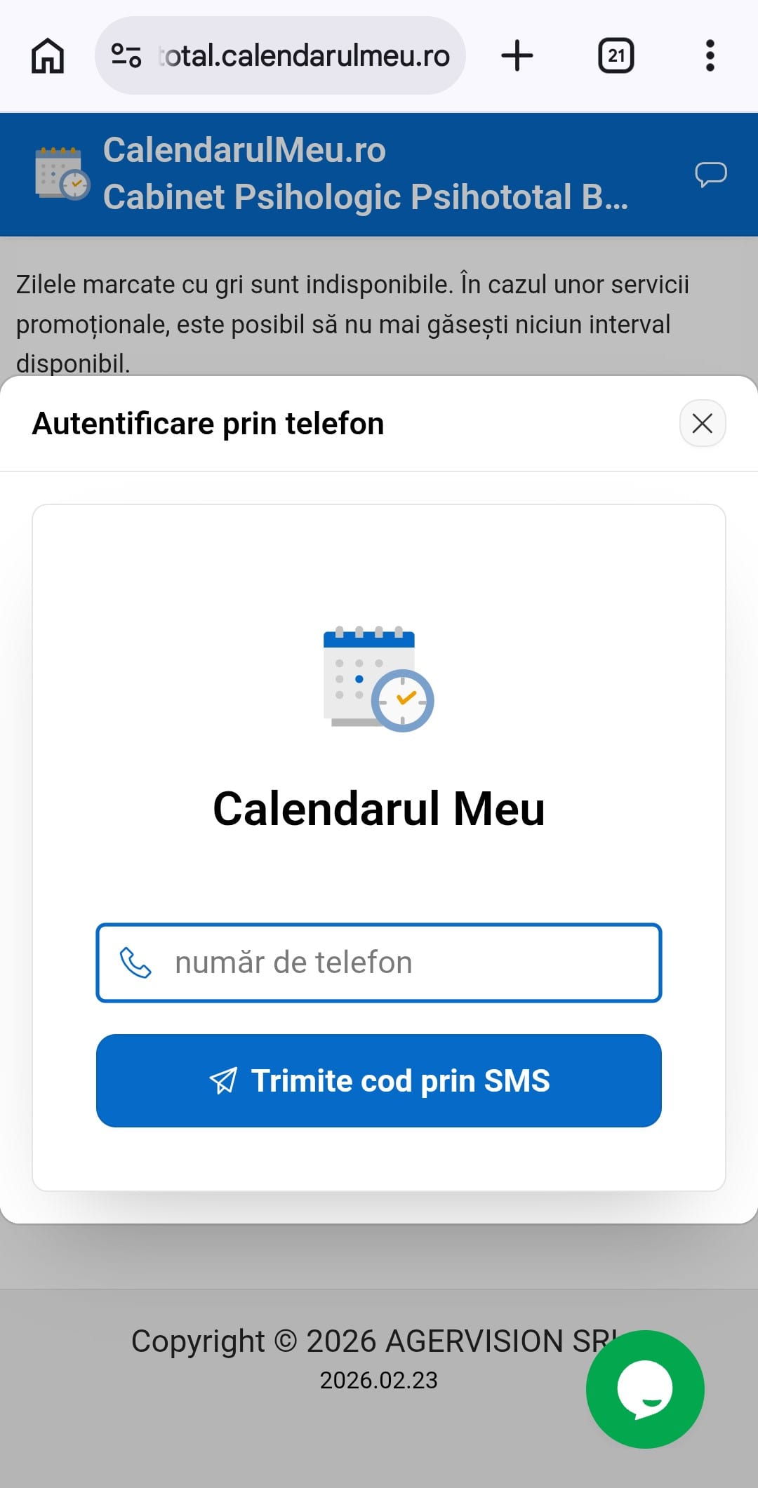 Fereastra de autentificare a platformei Calendarul Meu, unde se introduce numărul de telefon și butonul de trimitere a codului SMS.