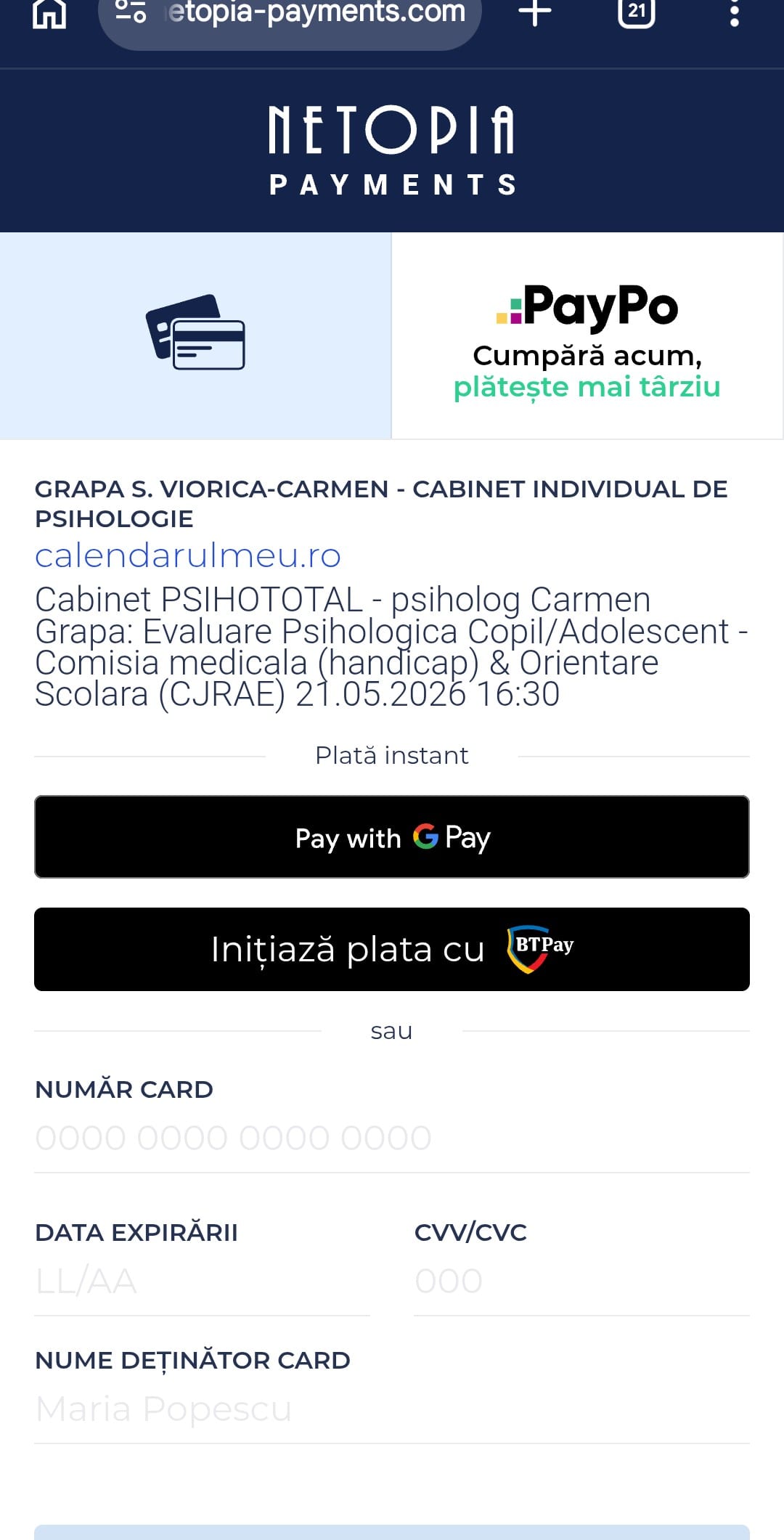 Ecranul securizat Netopia Payments, afișând opțiunile de plată rapidă cu telefonul sau formularul pentru datele cardului.