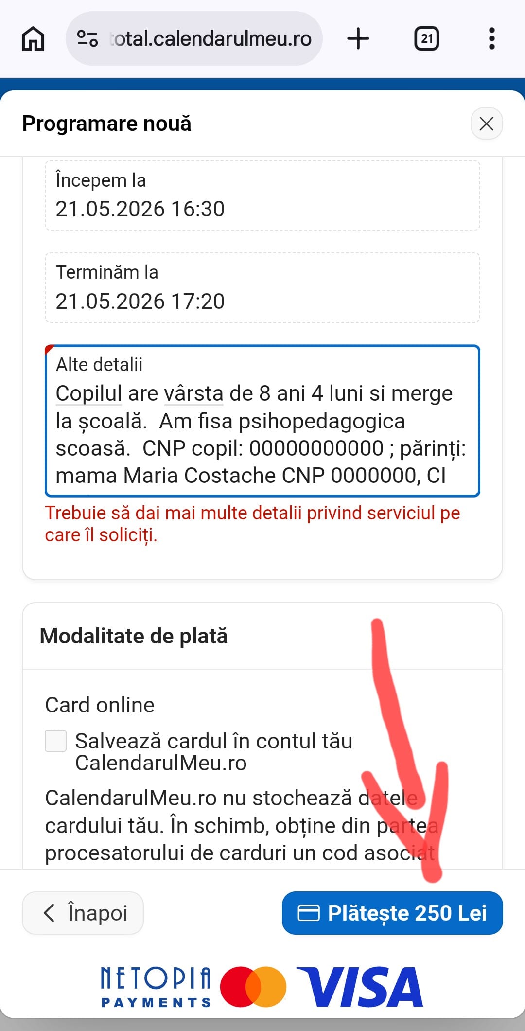 Ecranul de rezumat al programării, unde este exemplificată completarea de informații utile în secțiunea Alte detalii, iar o săgeată roșie indică butonul de inițiere a plății.