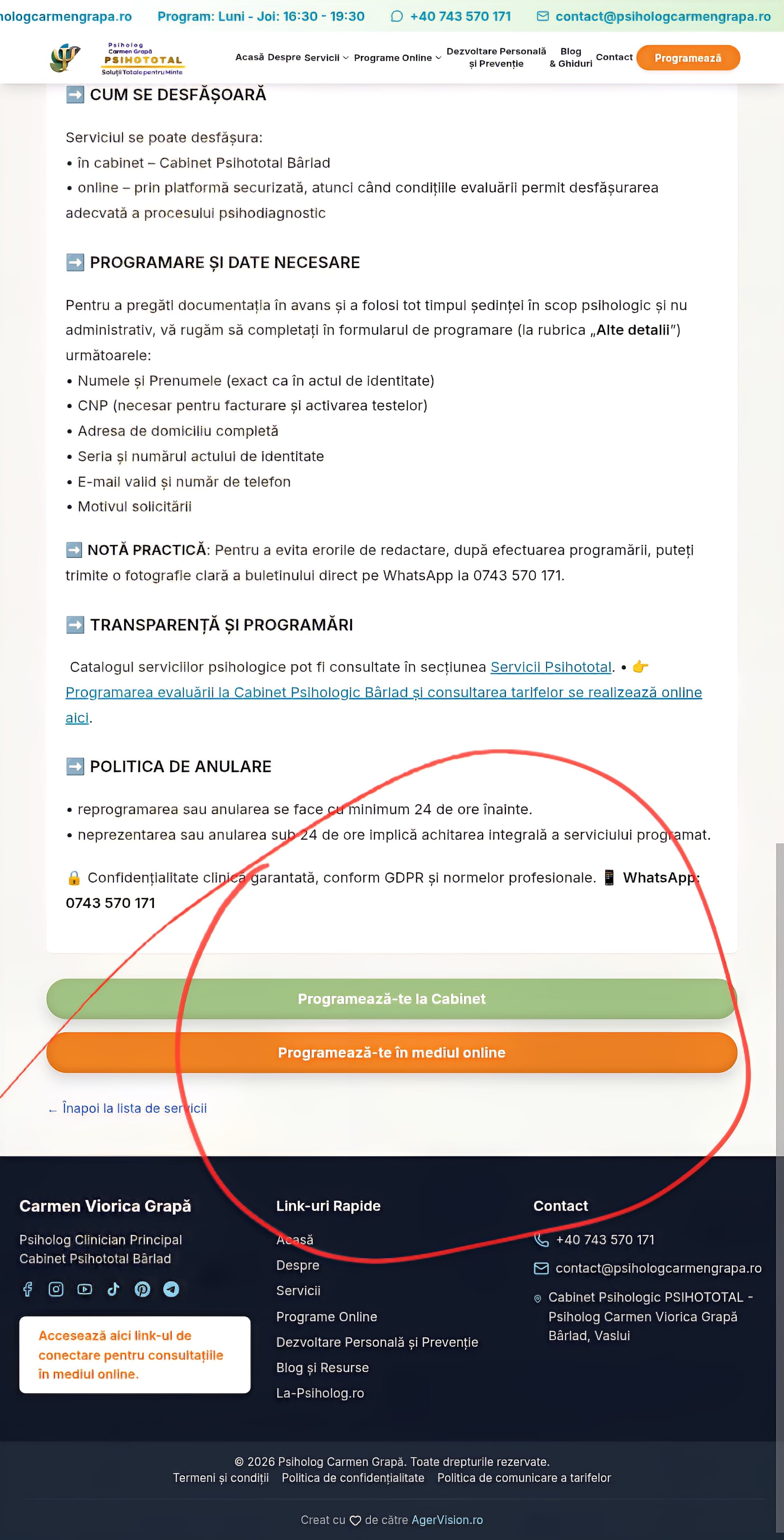 Interfața site-ului Psihototal unde utilizatorul poate alege între programarea fizică la cabinet (buton verde) și ședința online (buton portocaliu)