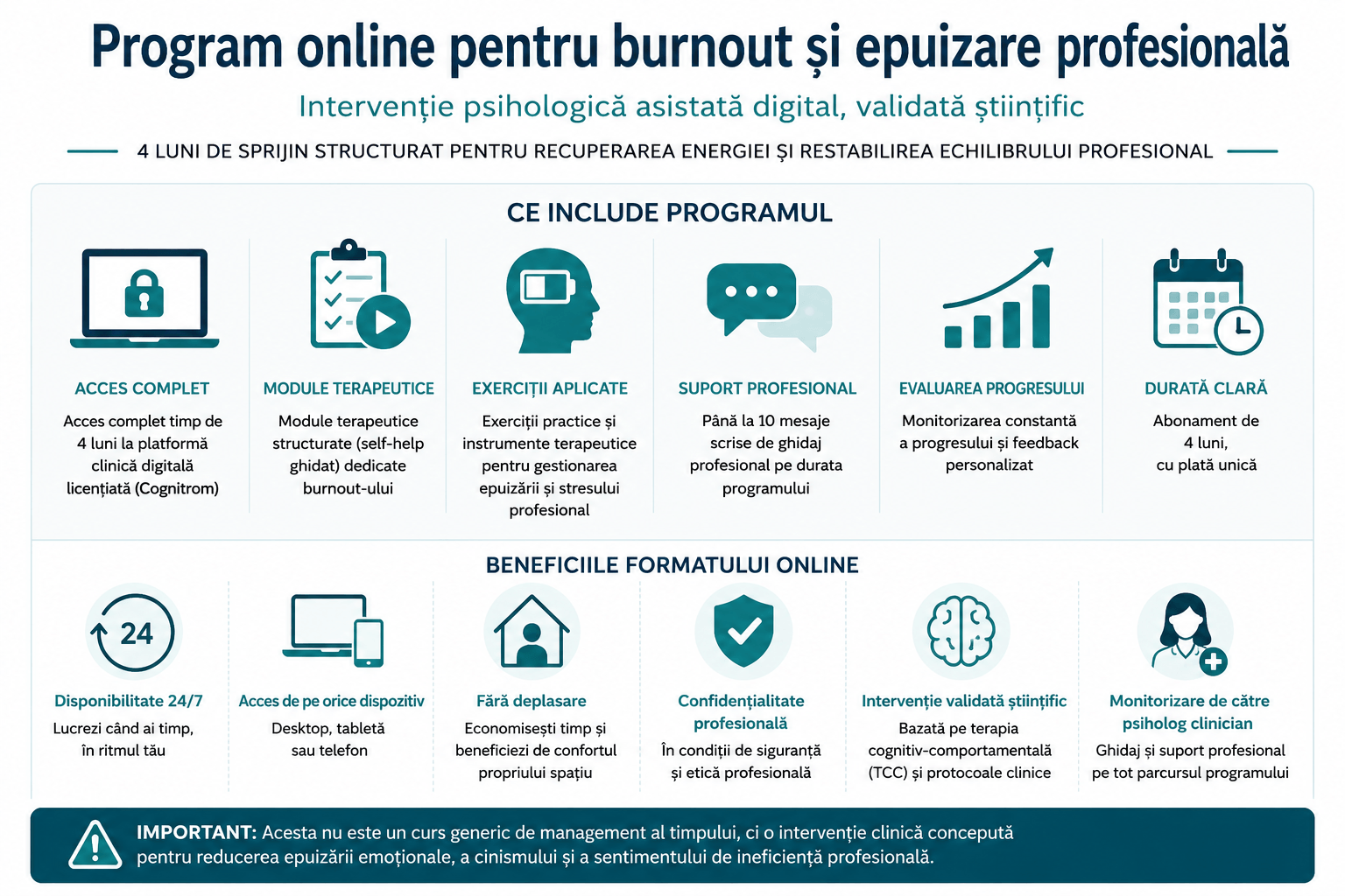 Program online pentru burnout și epuizare profesională, intervenție psihologică asistată digital cu module structurate, exerciții aplicate, suport profesional scris și monitorizare psihologică, Cabinet Psihologic Psihototal Bârlad.