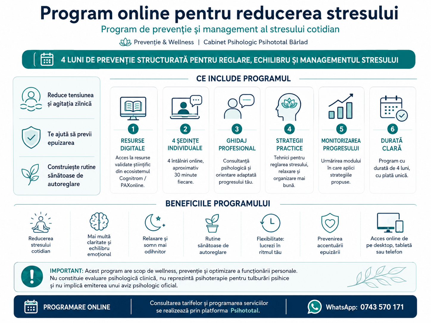 Program online pentru reducerea stresului, intervenție psihologică asistată digital pentru prevenție, autoreglare și managementul stresului cotidian, cu resurse multimedia, exerciții aplicate, 4 ședințe individuale online, ghidaj psihologic și monitorizare profesională, Cabinet Psihologic Psihototal Bârlad.
